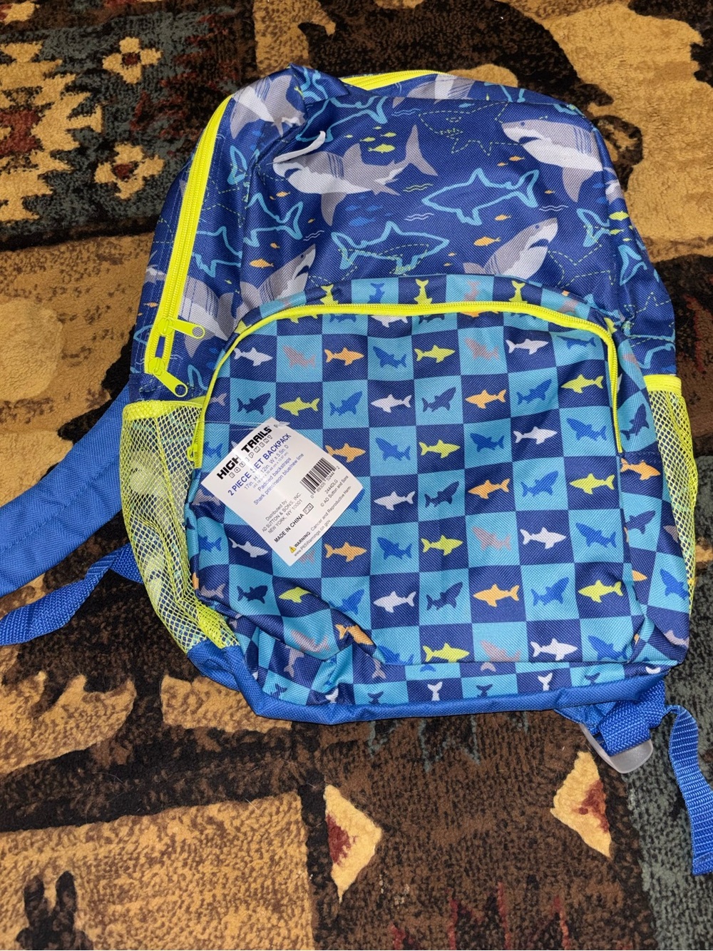 Kids Shark Pattern Blue Backpack with Neon Trim